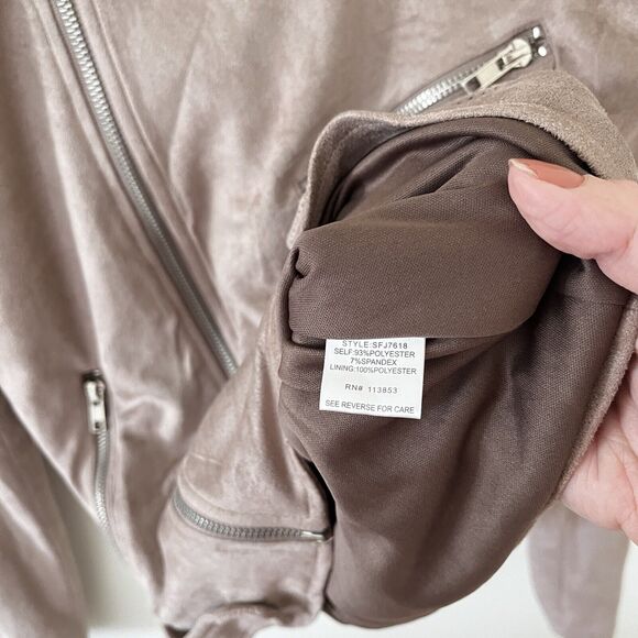 Pixley Faux Suede Moto Jacket Womens Cropped Full Zip Pockets Lined Beige Medium - Picture 4 of 7